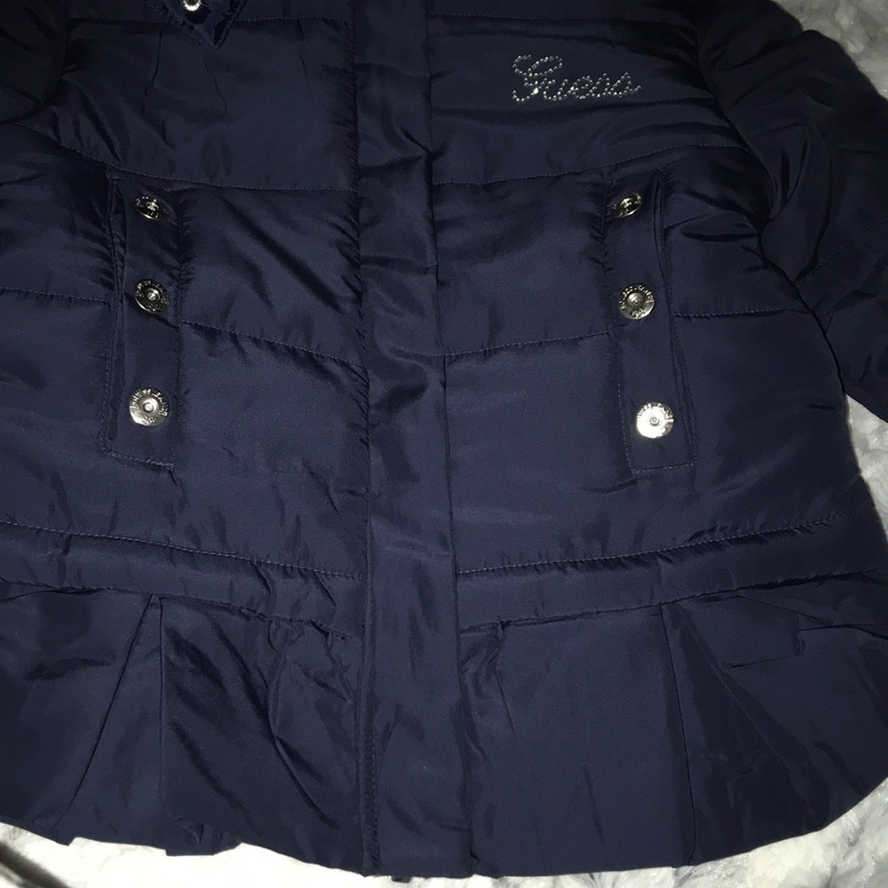 NWT GUESS Girls Sz 12 Puffer Jacket w/ Fur & BLING - Picture 5 of 5